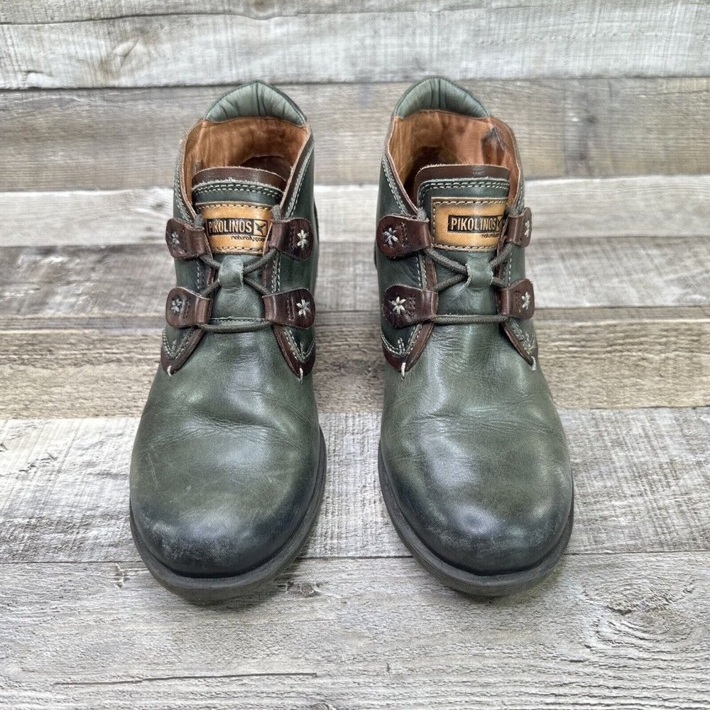 PIKOLINOS Green Leather Ankle Booties with Brown Accents